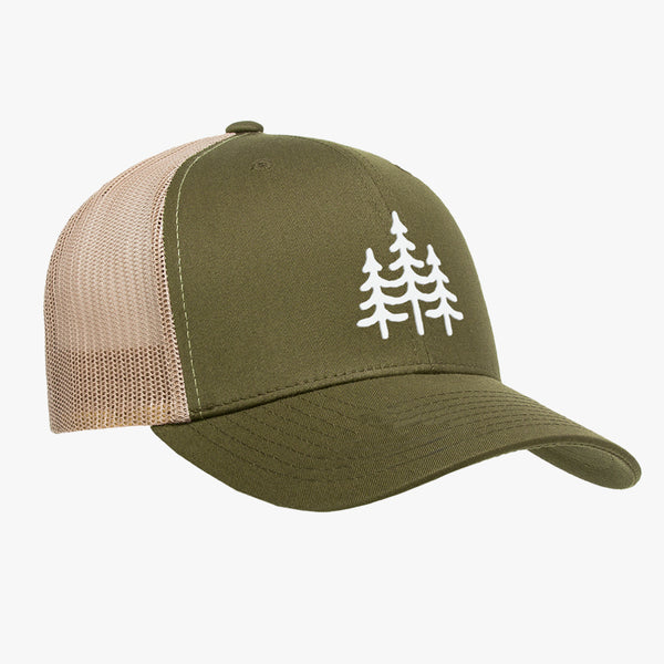"PINES" - VINTAGE SNAPBACK TRUCKER HAT - Olive/Tan